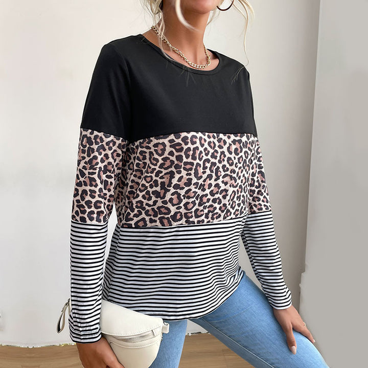 Damen Colorblock-Langarmtop mit Leoparden- und Streifenmix Drune
