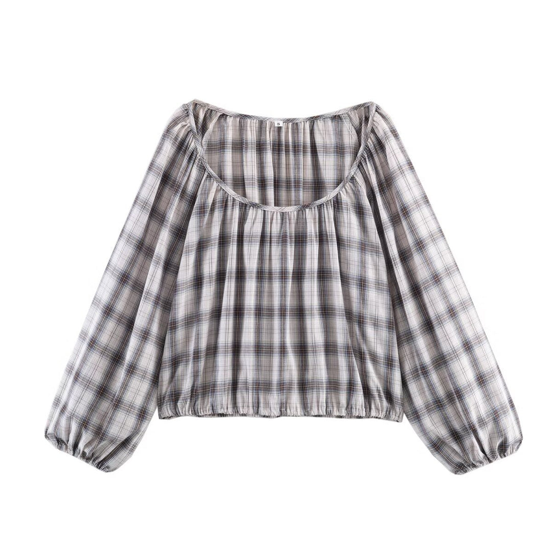Damen Karierte Carmen‑Bluse mit weitem Ausschnitt, Ballonärmeln und elastischem Saum Drune