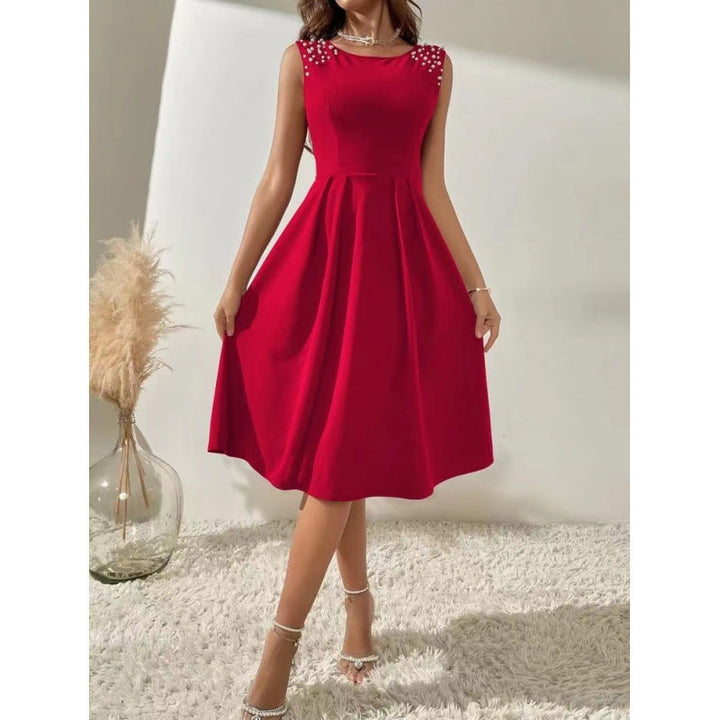 Damen Midi-Kleid mit dekorativen Perlenakzenten und schwingendem Rock Drune