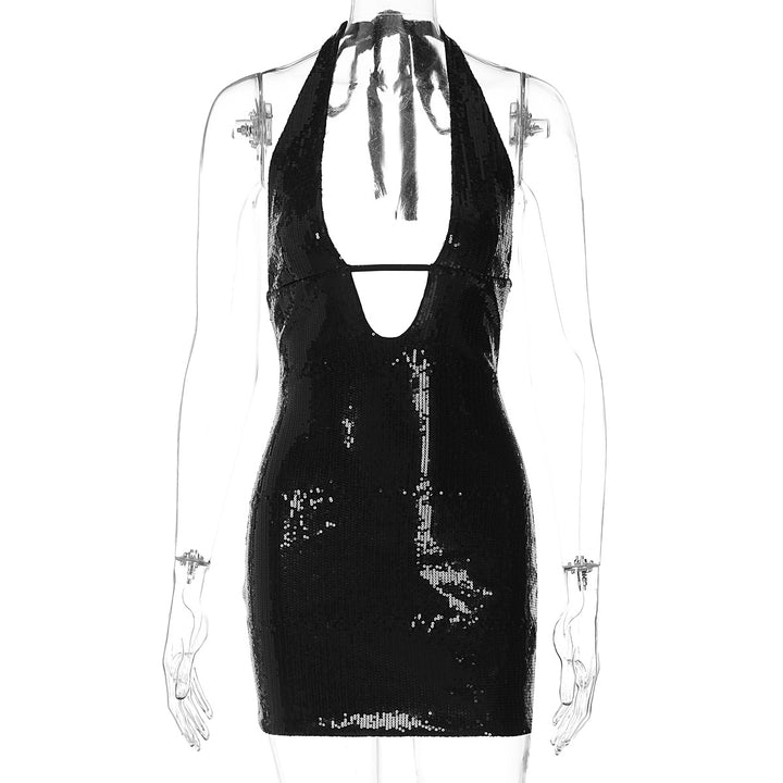 Damen Glitzerndes Minikleid mit tiefem Ausschnitt und Rückenausschnitt Drune