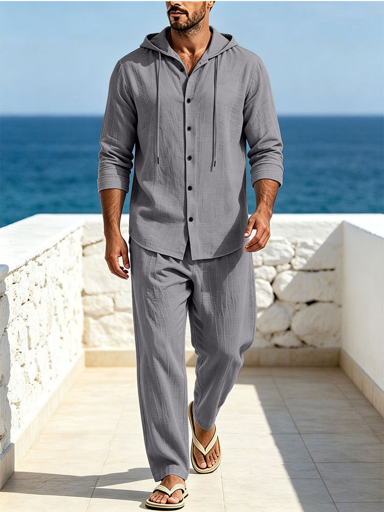 Herren Atmungsaktives Baumwoll-Gauze Loungewear-Set mit Kapuzenhemd und weiten Sommerhosen Drune