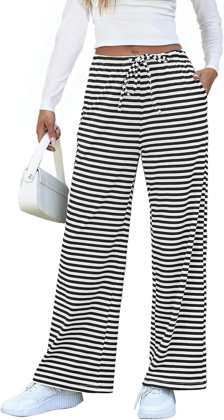 Damen weite Streifenhose mit elastischem Bund und Kordelzug Drune