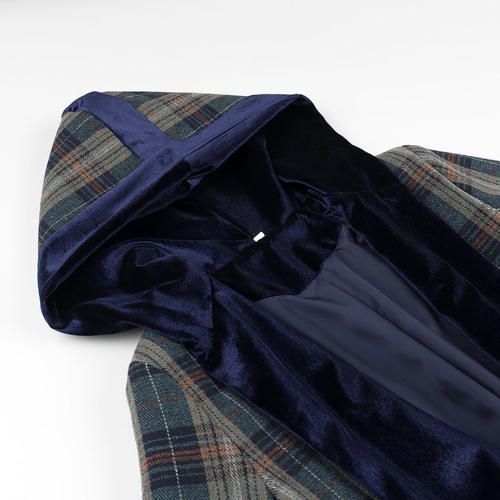 Damen Langblazer mit elegantem Karomuster und Samtkragen Drune