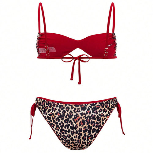 Damen Triangel-Bikini mit modischen Bindebändern und stylischem Leopardenmuster Drune