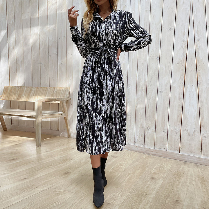 Damen Hemdblusen‑Midikleid mit Bindegürtel, durchgehender Knopfleiste und abstraktem Pinselprint Drune