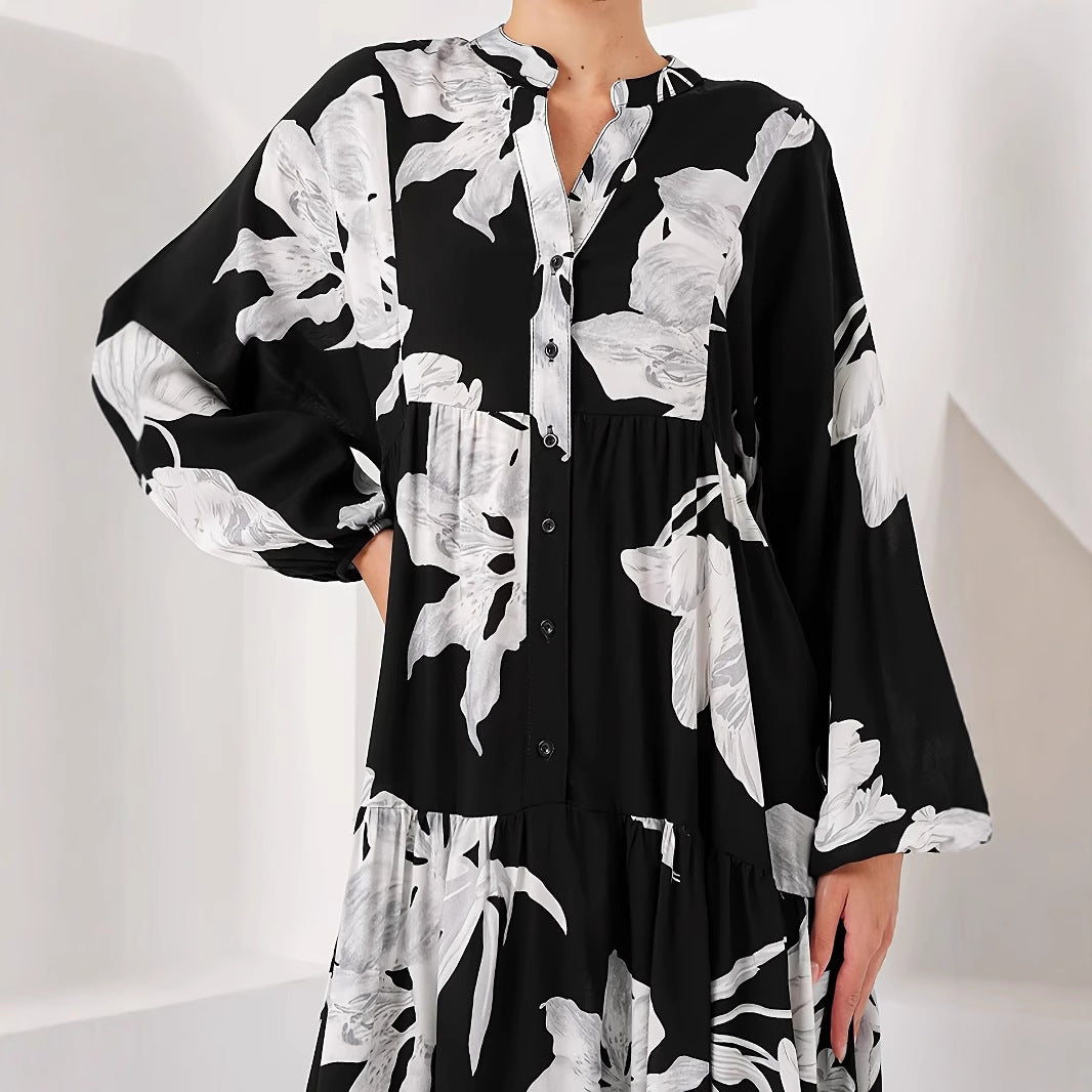 Damen Maxikleid mit floralem Print und elegantem Knopfdesign Drune