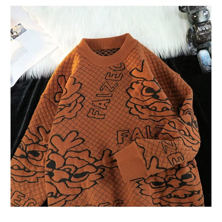 Unisex Oversized Jacquard-Strickpullover mit Allover-Motiv und Rippbündchen Drune