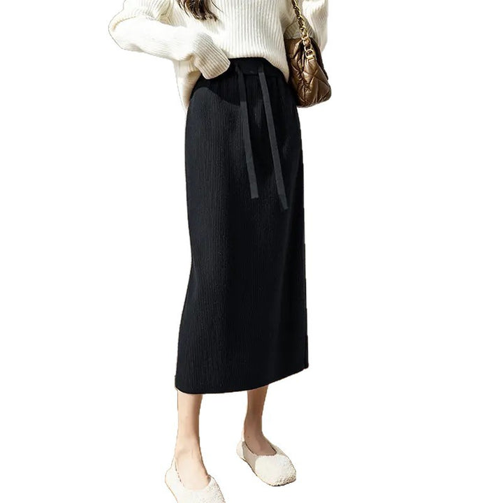 Damen Eleganter Rippstrick-Midirock mit Bindegürtel Drune