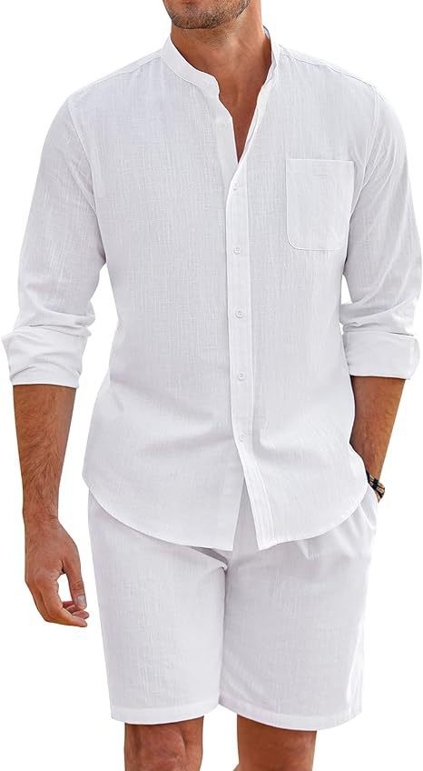 Herren nan Leinenoptik-Zweiteiler mit Stehkragen-Hemd, Brusttasche und legeren Shorts Drune