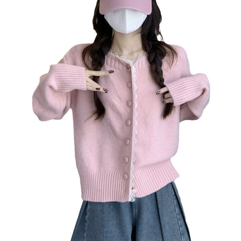Damen Strickjacke mit feinen Knopfdetails und süßer Spitzenkante Drune