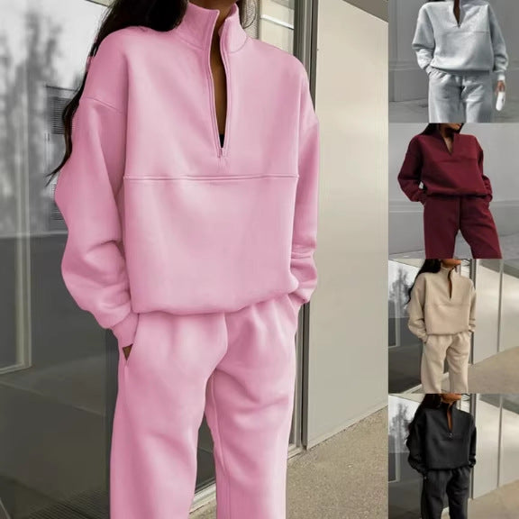 Damen Oversize Sweat-Set mit halbem Reißverschluss, Stehkragen und lässiger Jogginghose Drune
