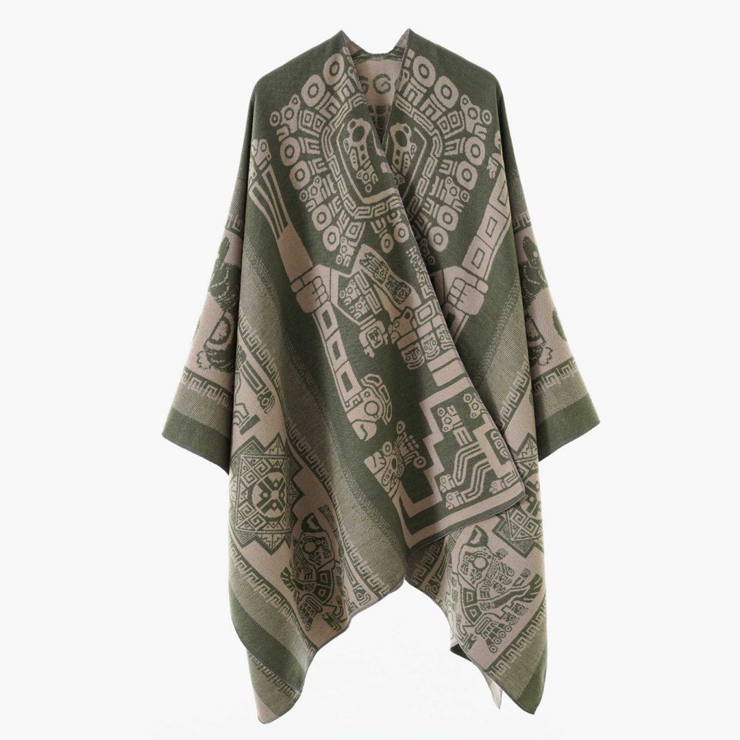 Damen Oversize‑Jacquard‑Wrapcape mit geometrischem Aztekenmuster Drune
