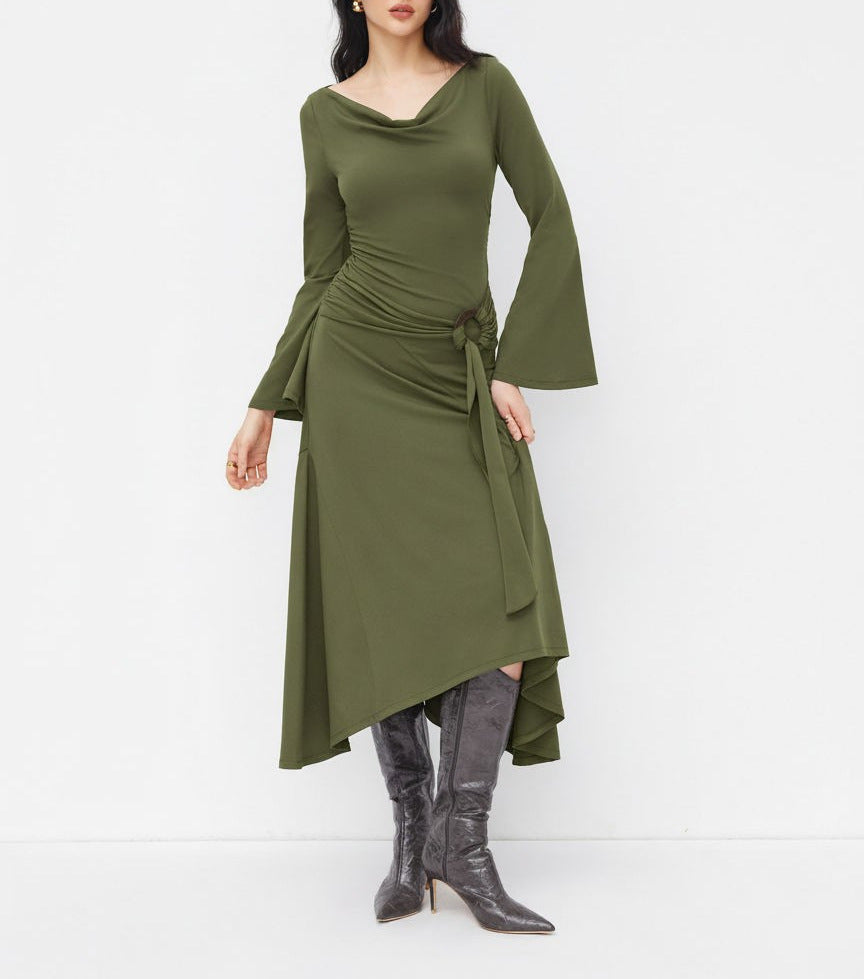 Damen Asymmetrisches Midikleid mit Wasserfallkragen, Glockenärmeln und seitlichem Ringdetail Drune