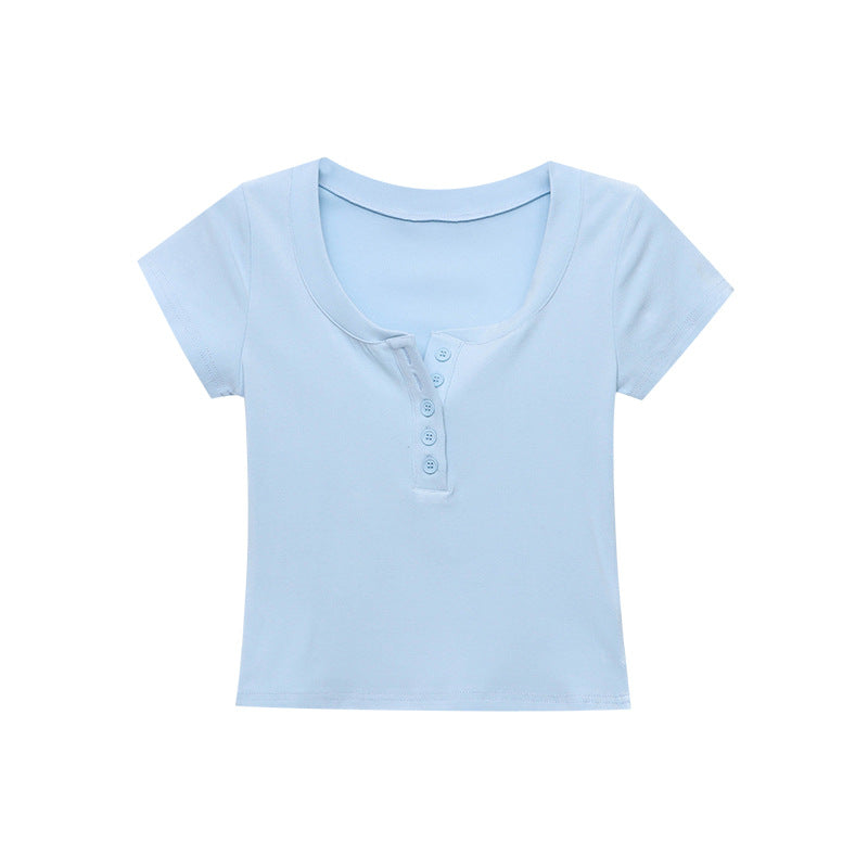 Damen kurzärmeliges V-Ausschnitt T-Shirt mit modischer Knopfleiste Drune