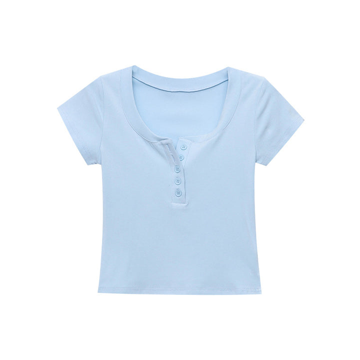 Damen kurzärmeliges V-Ausschnitt T-Shirt mit modischer Knopfleiste Drune