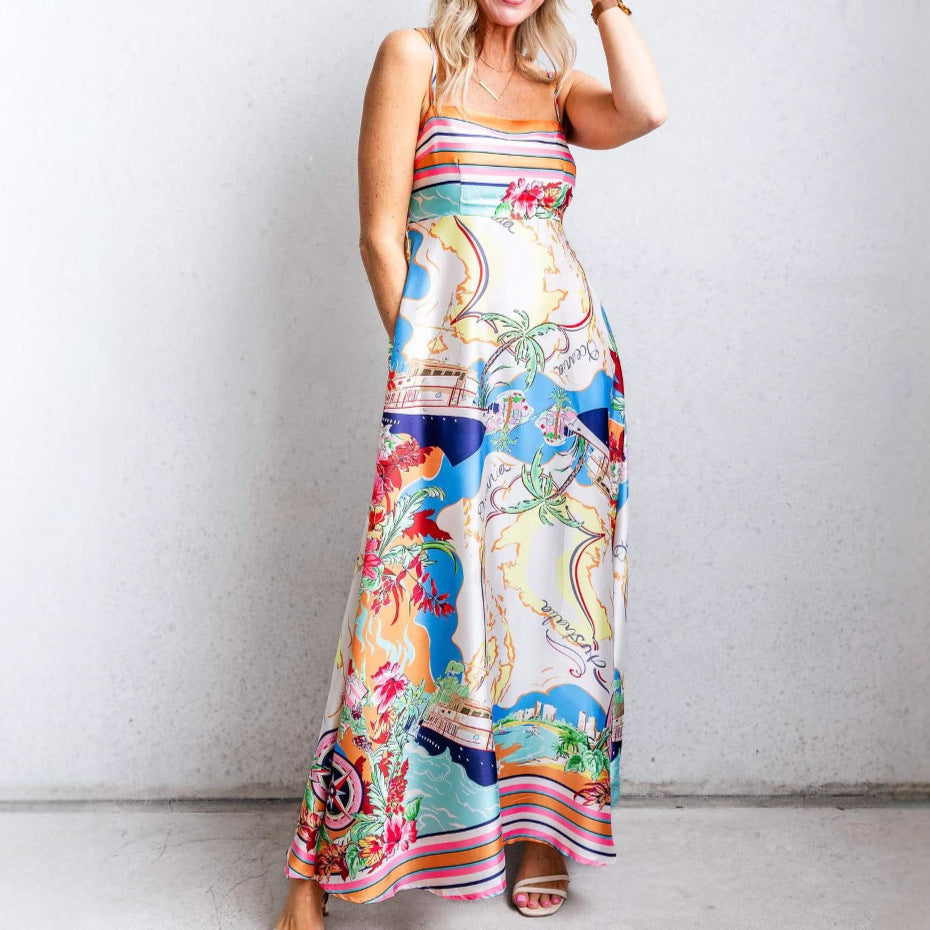 Damen Sommerliches Maxikleid mit auffälligem Grafikdesign und Spaghettiträgern Drune