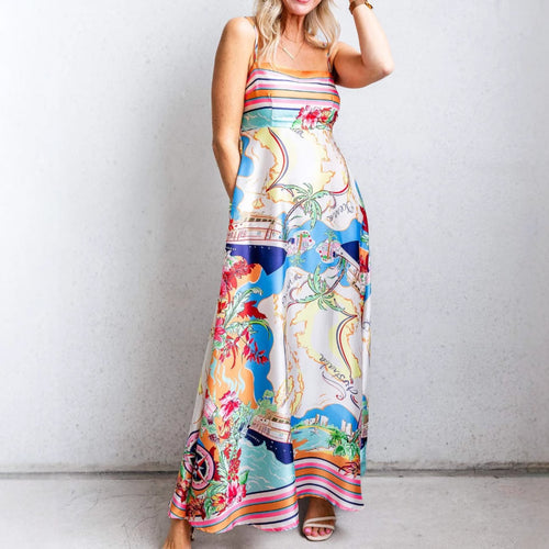 Damen Sommerliches Maxikleid mit auffälligem Grafikdesign und Spaghettiträgern Drune