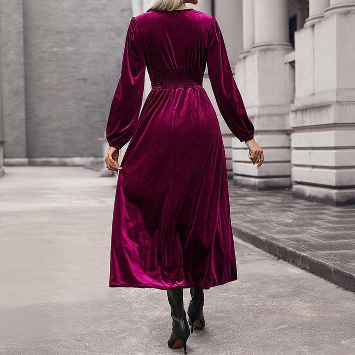 Damen Samt-Maxikleid mit V-Ausschnitt und Empire-Taille Drune