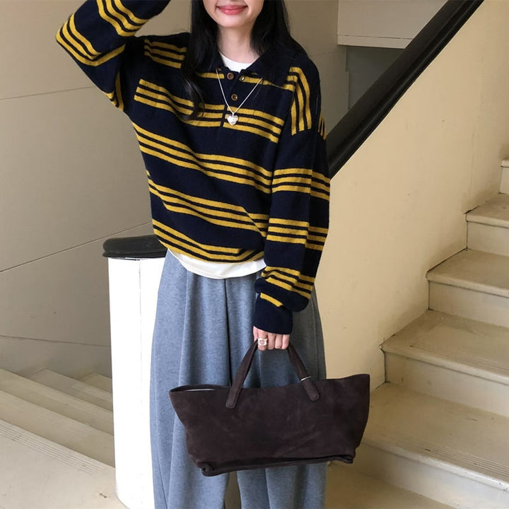 Damen Gemütlicher Strickpullover mit hochwertigen Knöpfen und modischem Streifenmuster Drune