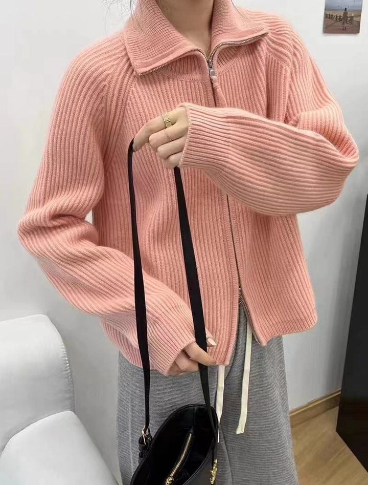 Damen Oversize-Strickjacke mit Reißverschluss, Stehkragen und gerippter Struktur Drune