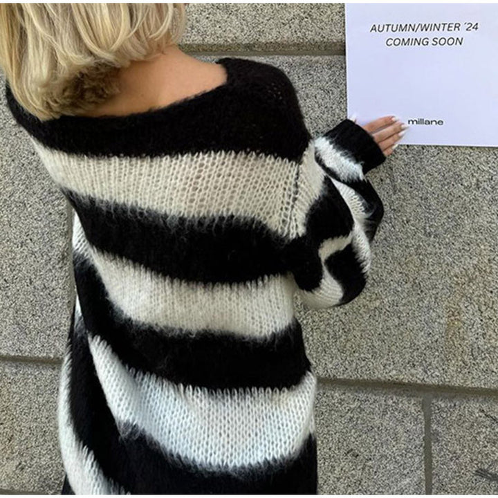 Damen Oversized Strickpullover mit breiten Streifen Drune