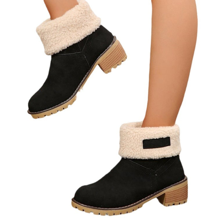 Damen warme Stiefeletten mit flauschigem Schafsfellkragen Drune