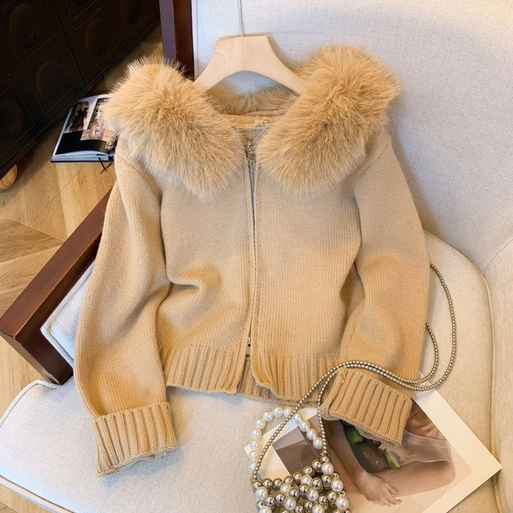 Damen Strickjacke mit abnehmbarem Kunstfellkragen Drune