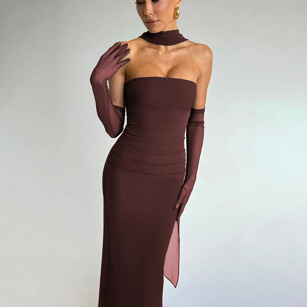 Damen Elegantes und figurbetontes Maxikleid mit transparenten Ärmeln Drune