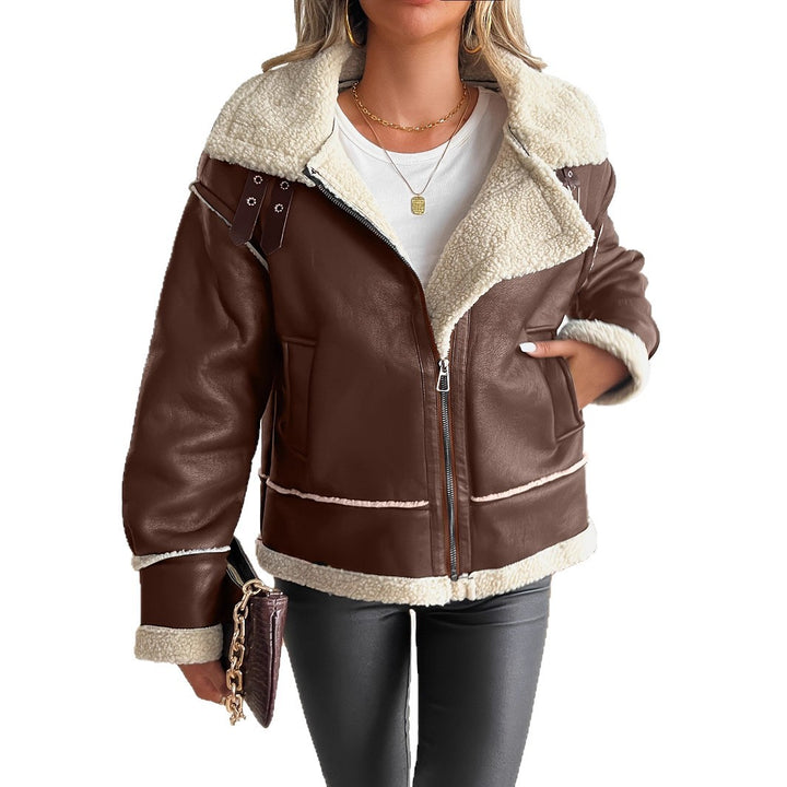 Damen Modische Kunstlederjacke mit Teddyfutter