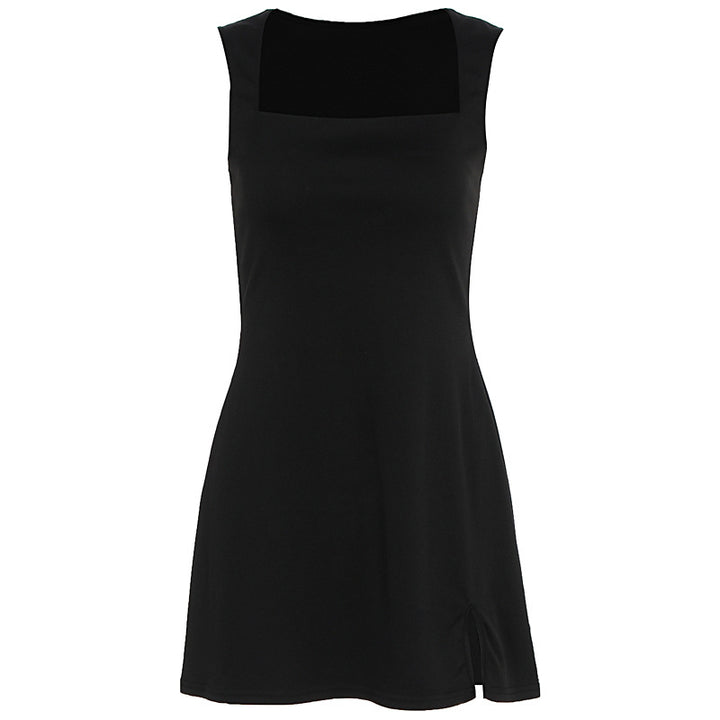 Damen Elegantes ärmelloses Kleid mit quadratischem Ausschnitt und hohem Schlitz Drune