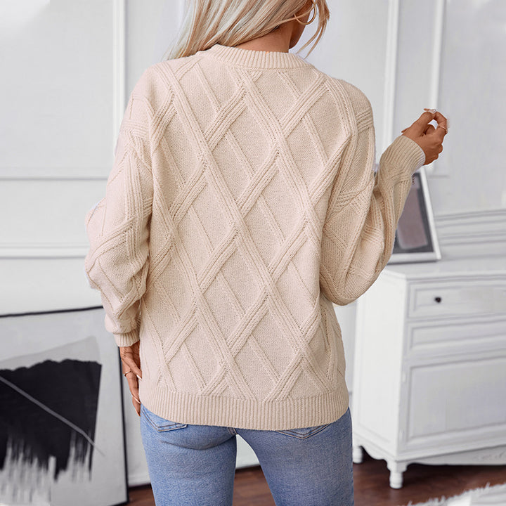 Damen nan grobstrukturierter Strickpullover mit großem Rautenmuster, geripptem Saum und Rundhalsausschnitt Drune