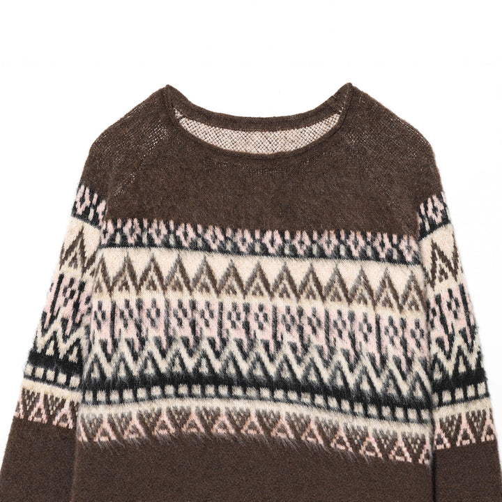 Damen nan Norwegerpullover aus Mohairmix mit Rundhalsausschnitt, lockerem Schnitt und Jacquardmuster Drune
