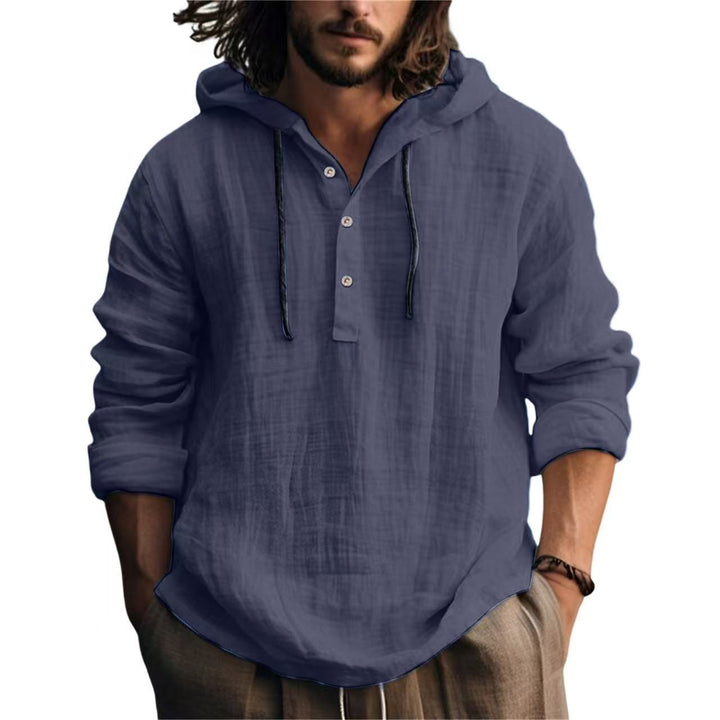 Herren Leichtes Kapuzenhemd im Leinenlook mit Henley-Knopfleiste Drune