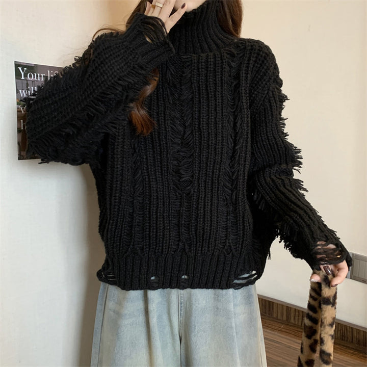 Damen Grobstrickpullover mit hohem Kragen und modernen Fransen Drune