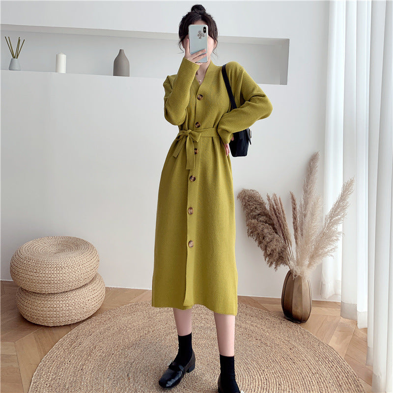Damen Knielanges Strickkleid mit Knöpfen und Gürtel Drune
