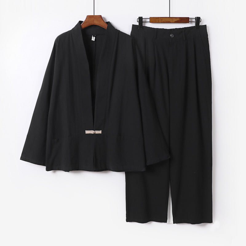 Damen Kimono-Lounge-Set aus leichtem Viskose-Leinen mit dekorativem Knebelverschluss und weiter Bundhose Drune