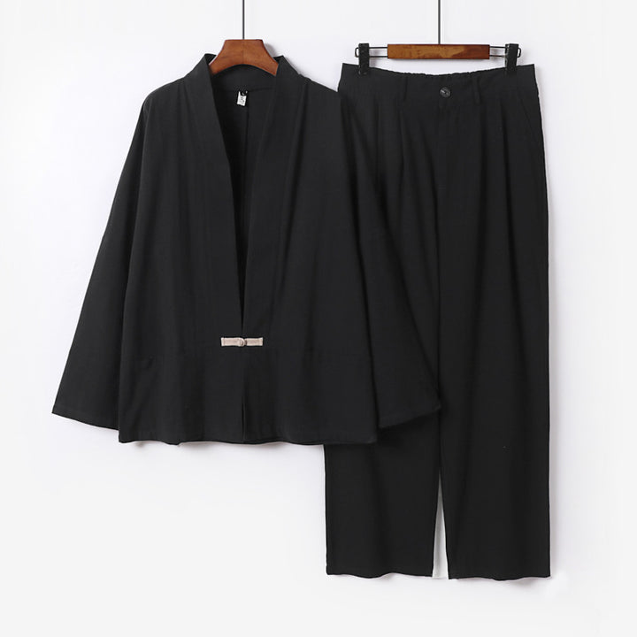 Damen Kimono-Lounge-Set aus leichtem Viskose-Leinen mit dekorativem Knebelverschluss und weiter Bundhose Drune