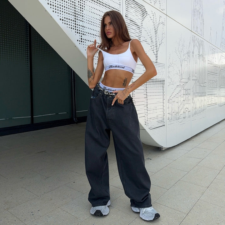 Damen weite Jeans mit modischem hohen Bund Drune