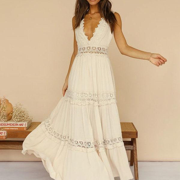 Damen Langärmliges Maxikleid mit romantischen Häkel-Akzenten Drune