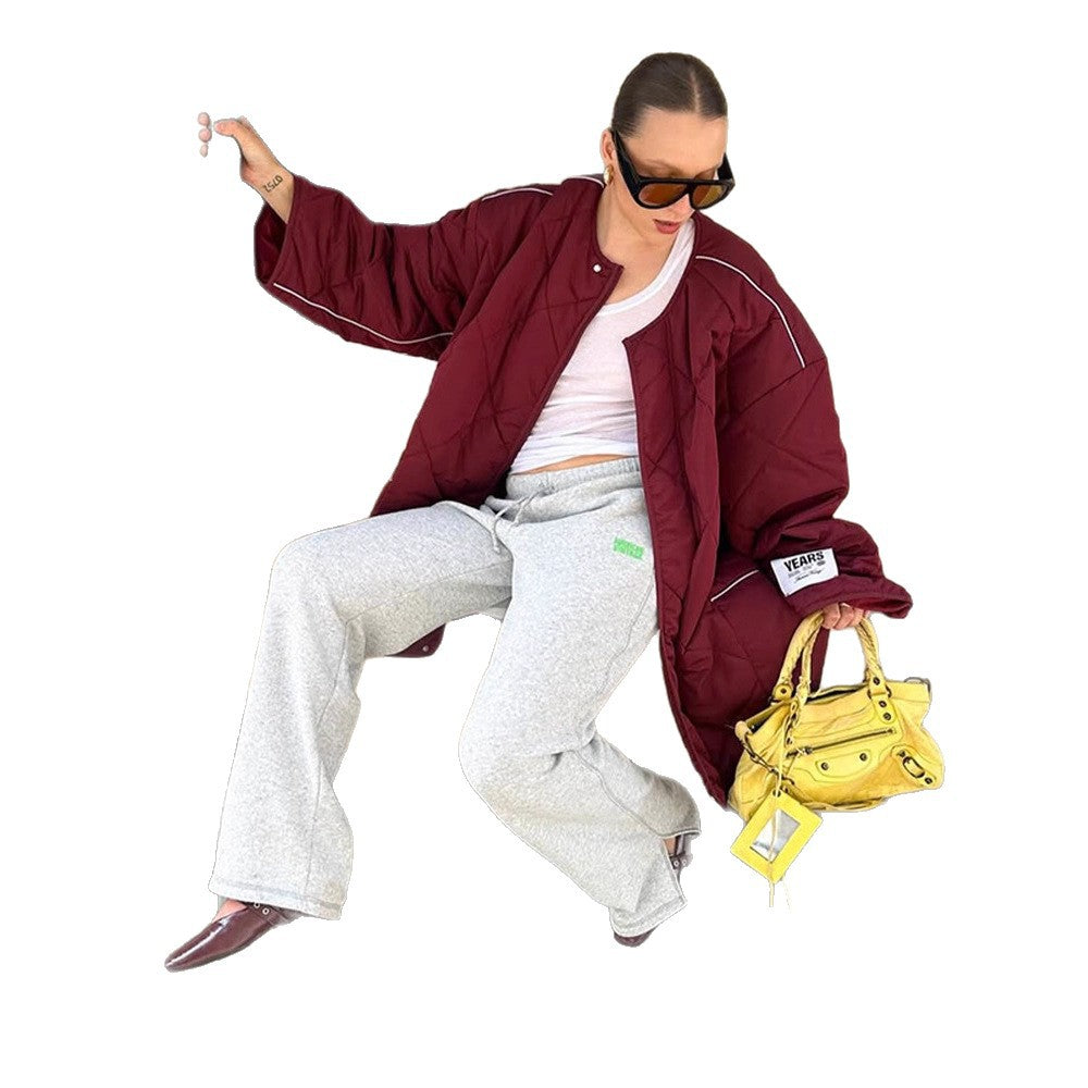 Damen Oversize-Steppjacke mit Diamantstepp, kontrastierender Paspel und Druckknopfverschluss Drune