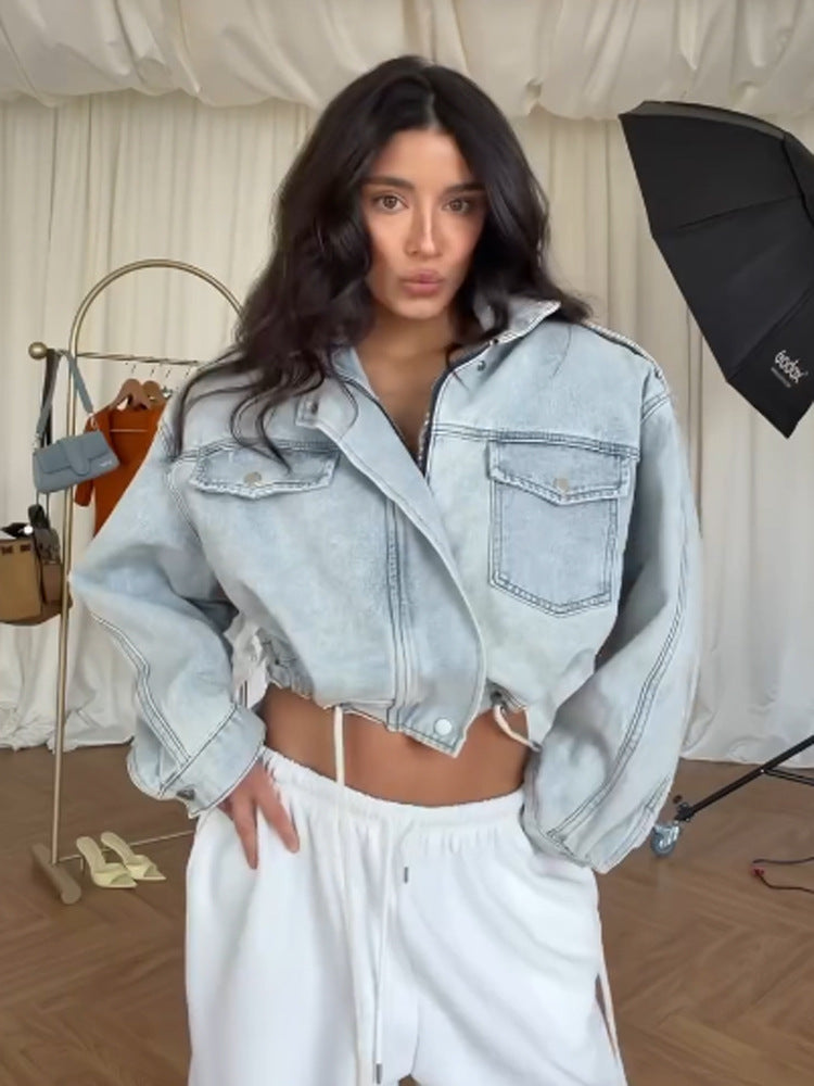 Damen Cropped-Denimjacke mit Tunnelzug, kastiger Oversize-Silhouette & Pattentaschen Drune