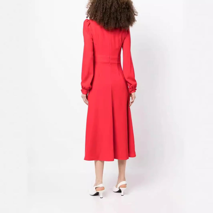 Damen Midikleid im Vintage‑Look mit hochgeschlossenem Kragen, asymmetrischer Zierknopfleiste und Frontschlitz Drune