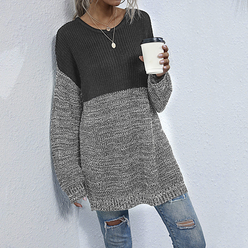 Damen Oversize Strickpullover mit Colorblock-Optik, rundem Ausschnitt und melierter Strukturstrick Drune