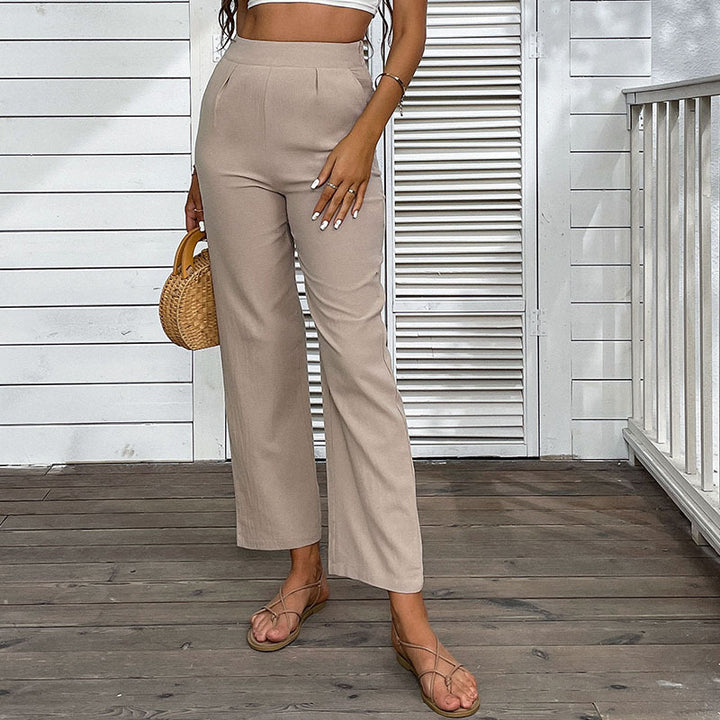 Damen Leichte Leinenoptik-Hose mit hoher Taille und geradem Bein Drune