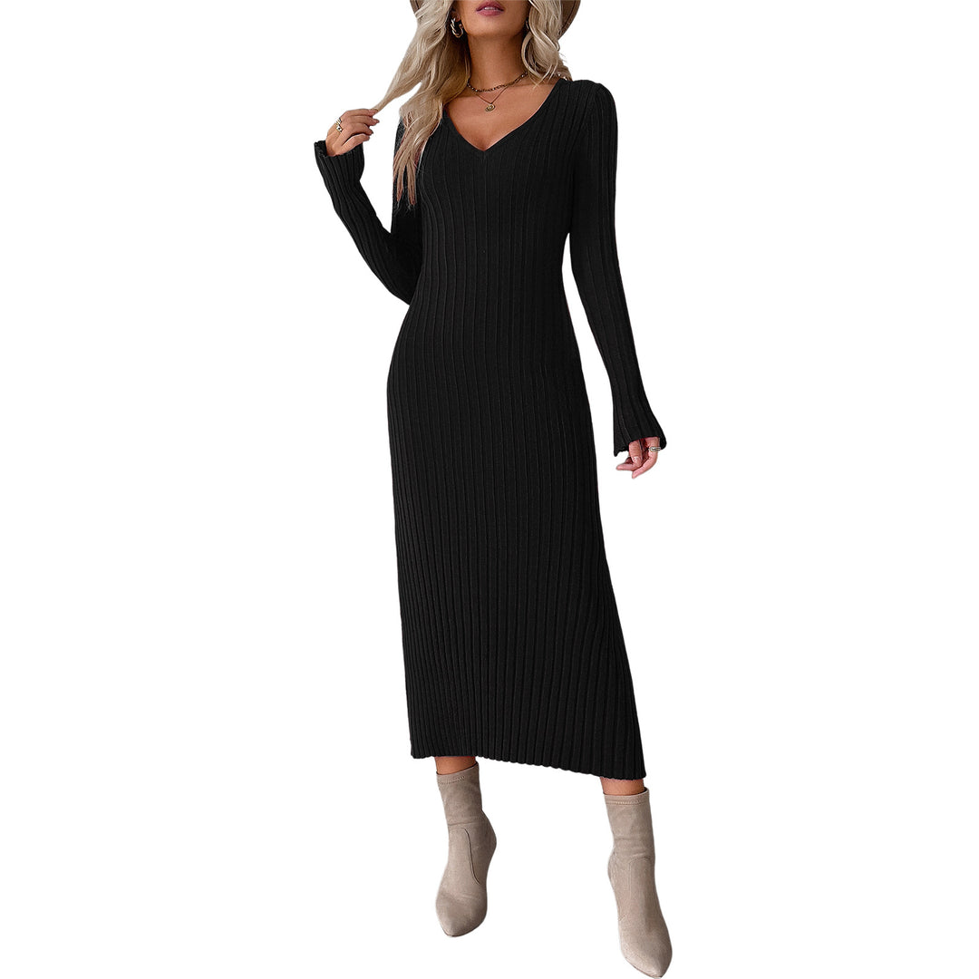 Damen nan tailliertes Rippstrick-Midikleid mit tiefem V-Ausschnitt, figurformender Nahtführung und langen Ärmeln Drune