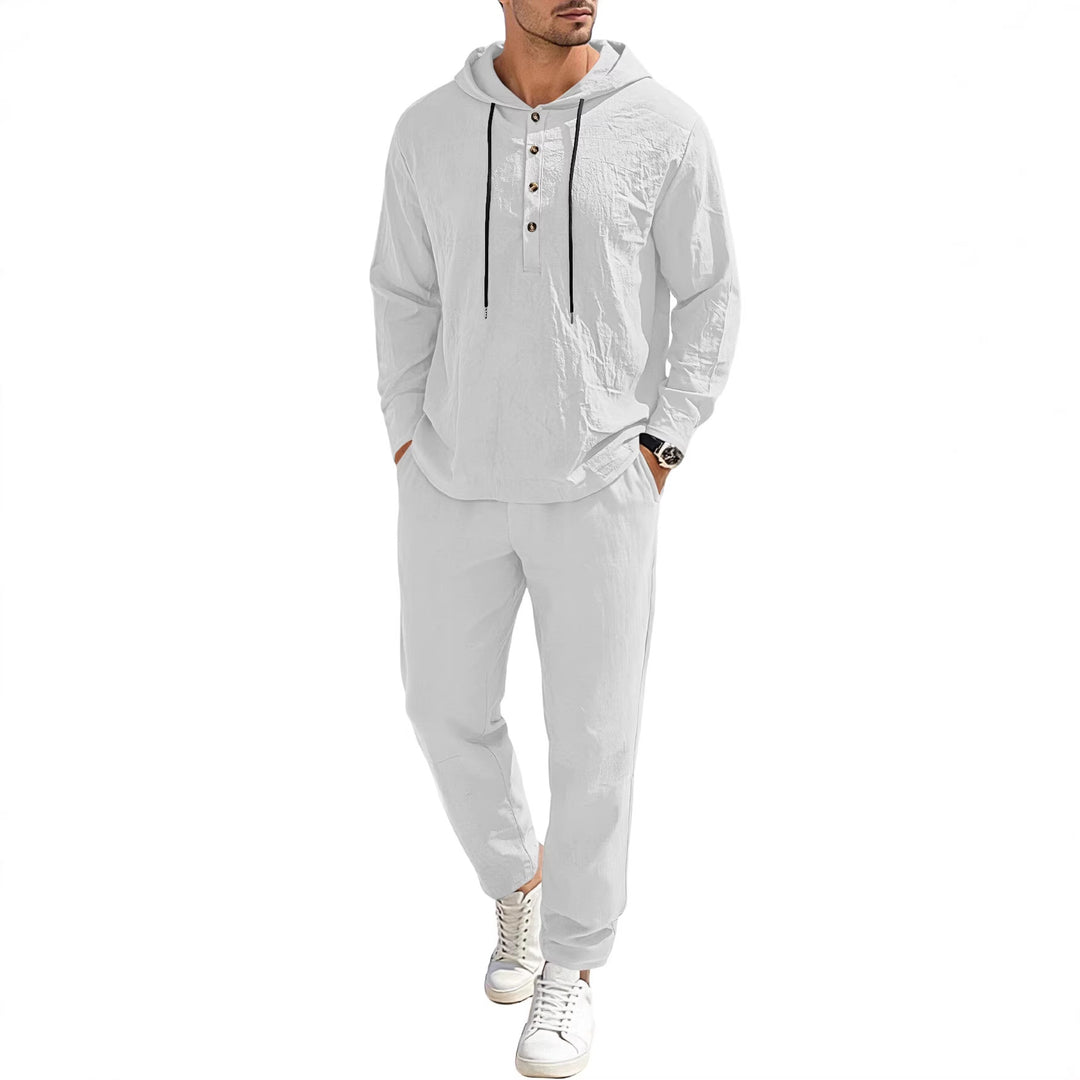 Herren nan entspannter Kapuzen-Henley Freizeitanzug aus leichter Baumwollmischung in Leinenoptik mit Kordelzug und elastischer Bundhose Drune