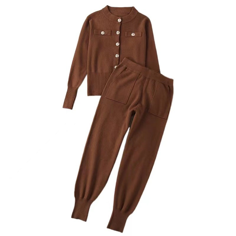 Damen elegantes Strickanzug-Set mit Knopfdétails Drune
