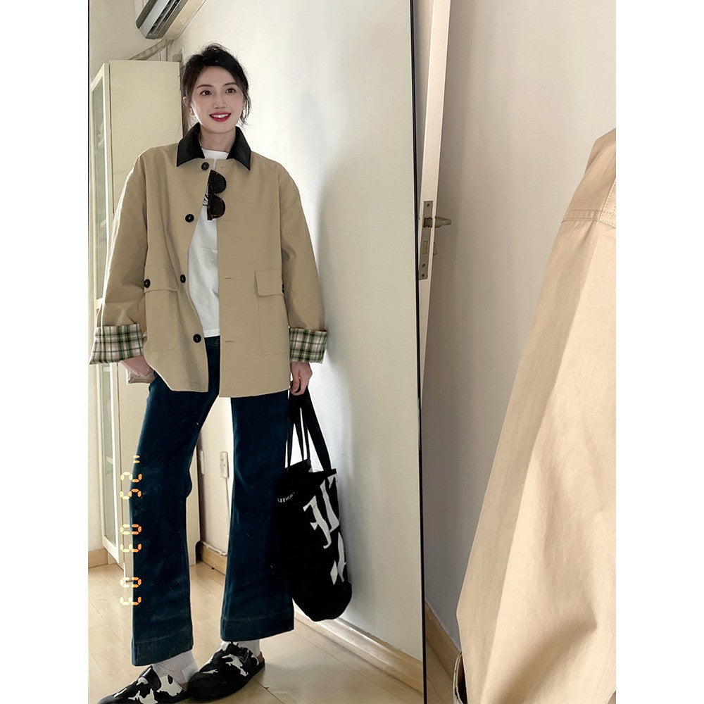 Damen Kurztrenchjacke im Oversize-Schnitt mit Kontrastkragen und karierten Umschlagmanschetten Drune