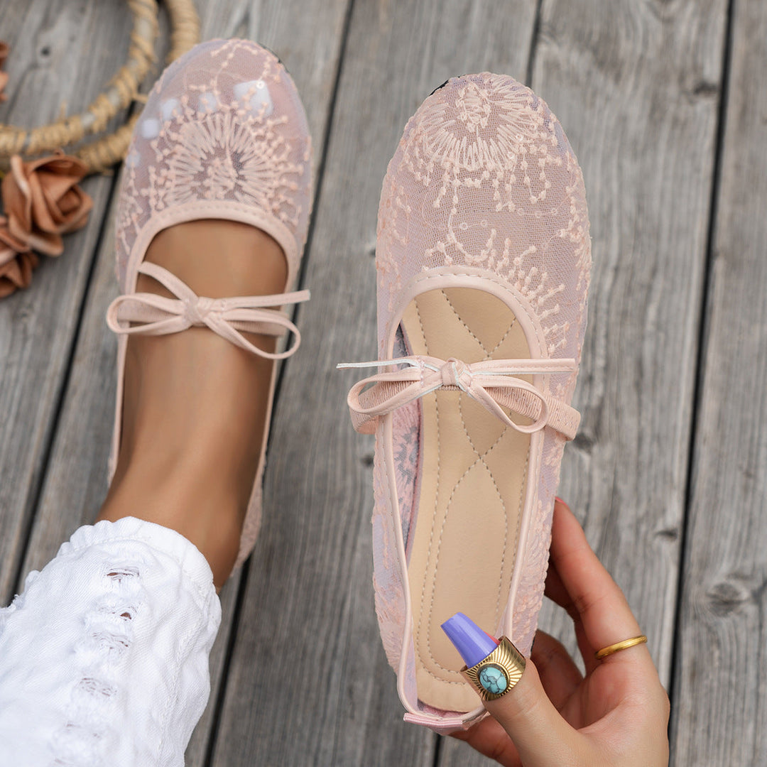 Damen Elegante Spitzenschuhe mit dekorativen Schleifen und funkelnden Akzenten Drune