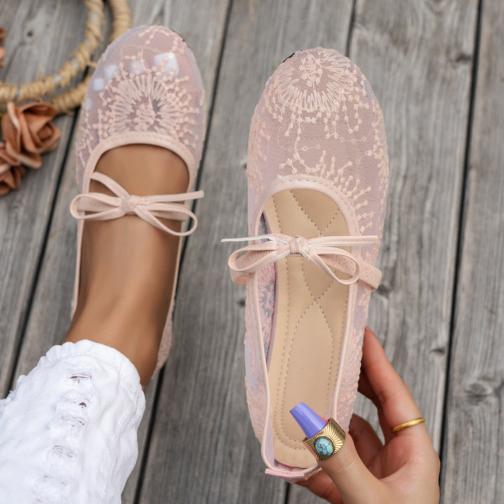 Damen Elegante Spitzenschuhe mit dekorativen Schleifen und funkelnden Akzenten Drune